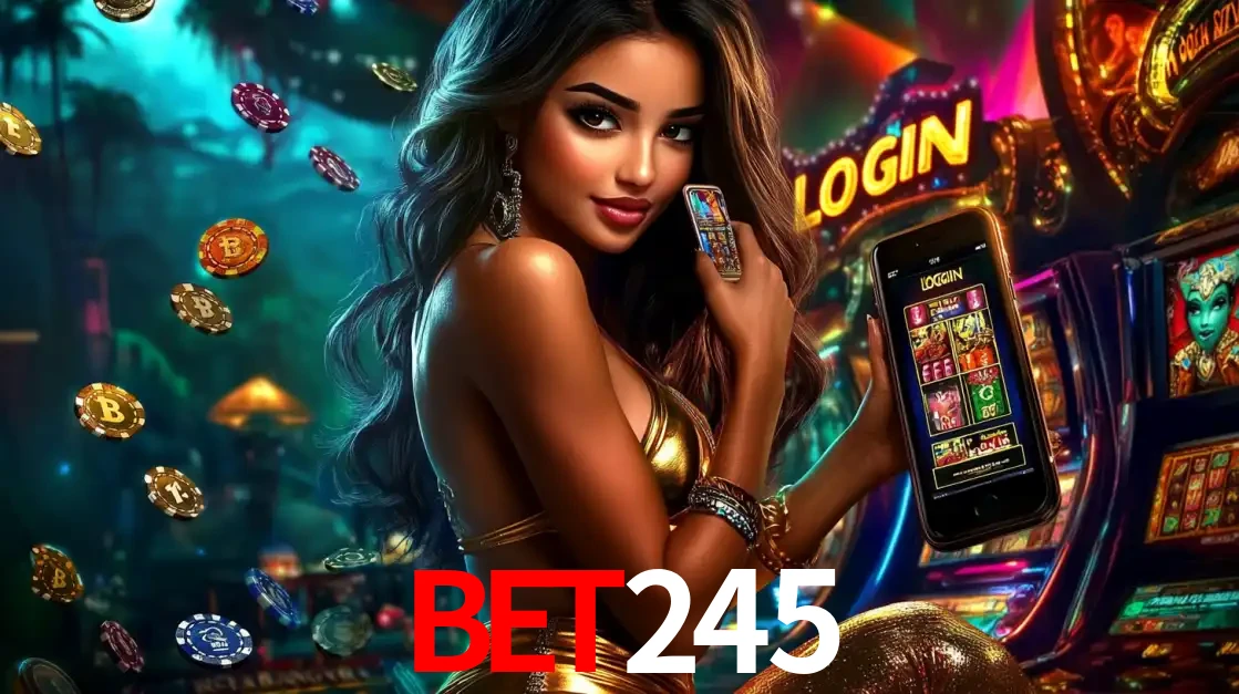 Mulher em um cenário de cassino temático de aventura, mostrando o app de caça-níqueis da bet245 no celular. Fichas de apostas flutuam ao redor.