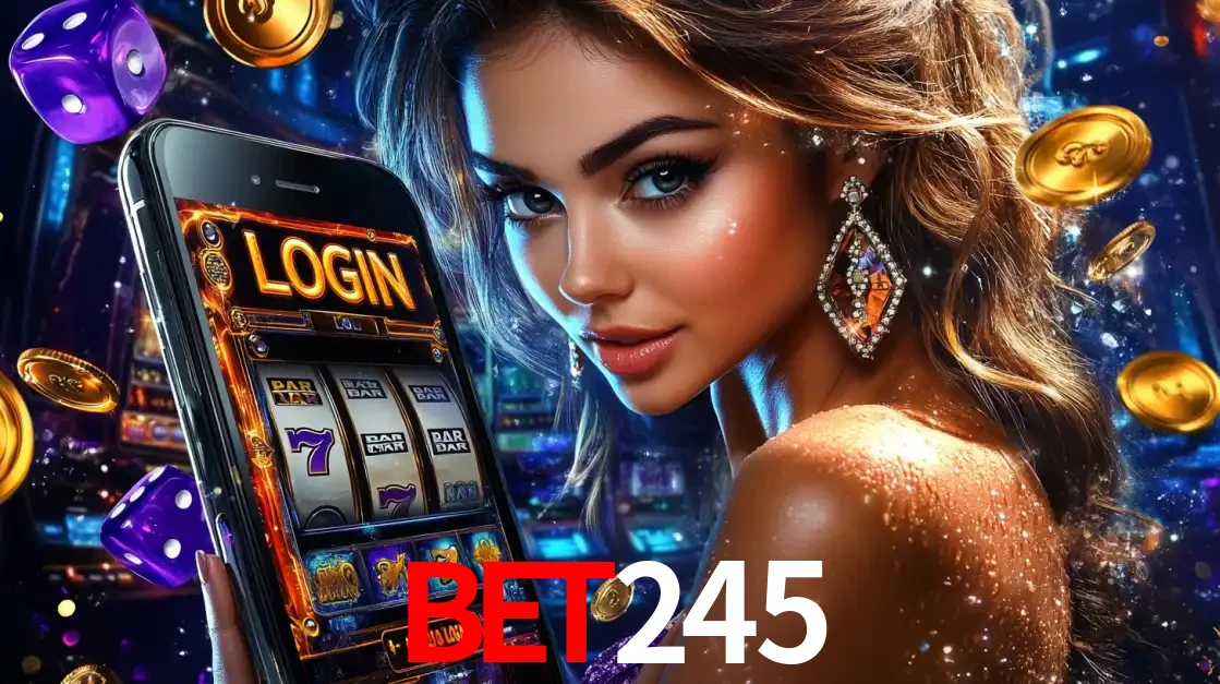 Mulher glamorosa segurando um smartphone com a tela de login para os jogos de caça-níqueis do cassino online bet245, com moedas de ouro e dados ao redor.