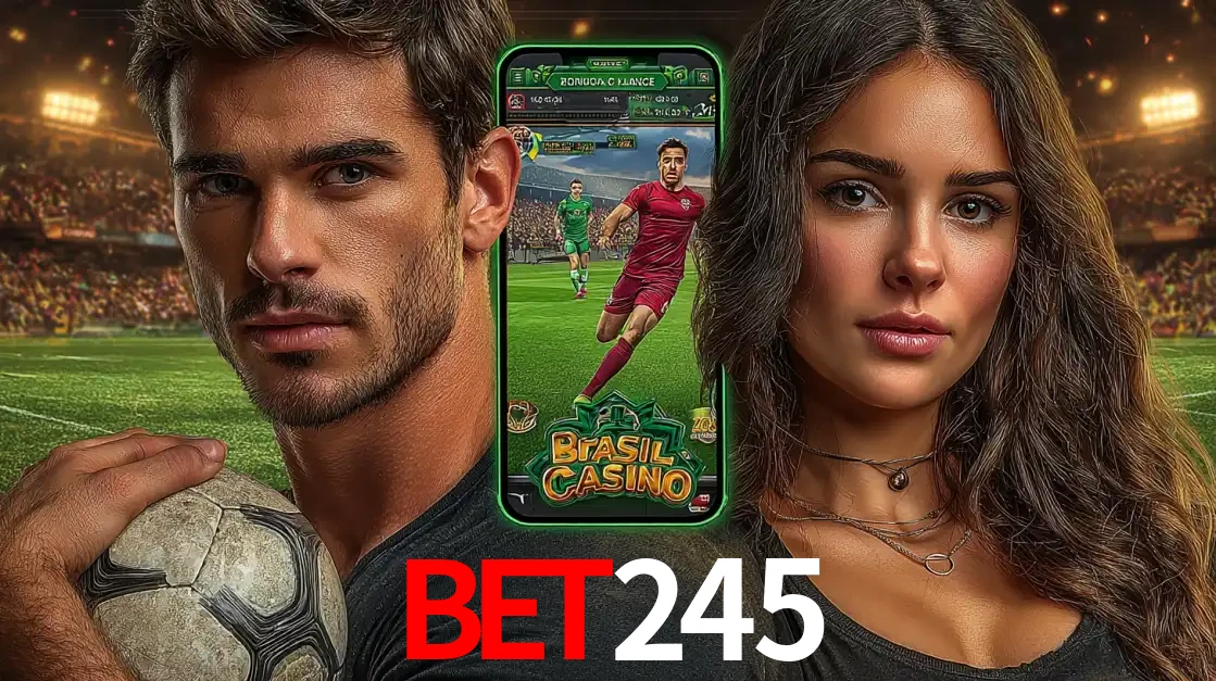Homem segurando uma bola de futebol e uma mulher ao lado de um smartphone exibindo o jogo de apostas esportivas da bet245. Faça seu palpite no cassino online.